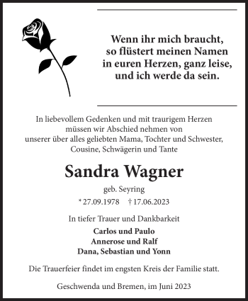 Traueranzeige von Sandra Wagner von Südthüringer Presse