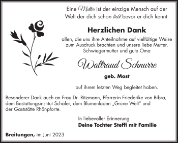 Traueranzeige von Waltraud Schnurre von Südthüringer Presse