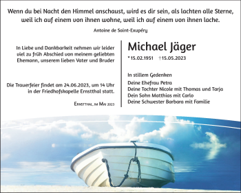 Traueranzeige von Michael Jäger von Südthüringer Presse
