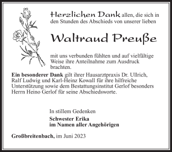 Traueranzeige von Waltraud Preuße von Südthüringer Presse