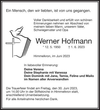 Traueranzeige von Werner Hofmann von Frankenpost
