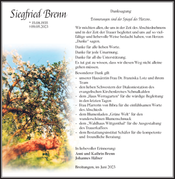 Traueranzeige von Siegfried Brenn von Südthüringer Presse