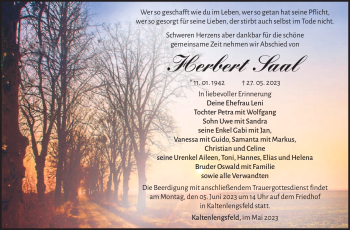 Traueranzeige von Herbert Saal von Südthüringer Presse