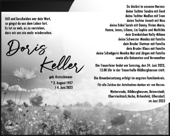 Traueranzeige von Doris Keller von Südthüringer Presse