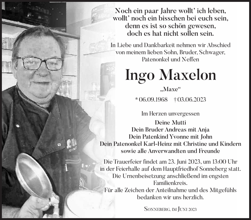 Traueranzeige für Ingo Maxelon vom 10.06.2023 aus Südthüringer Presse