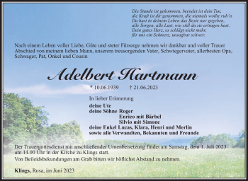 Traueranzeige von Adelbert Hartmann von Südthüringer Presse