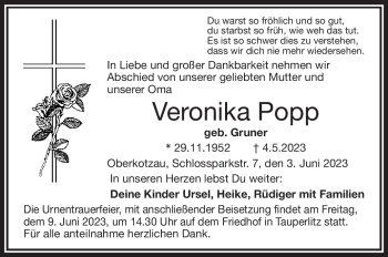 Traueranzeige von Veronika Popp von Frankenpost