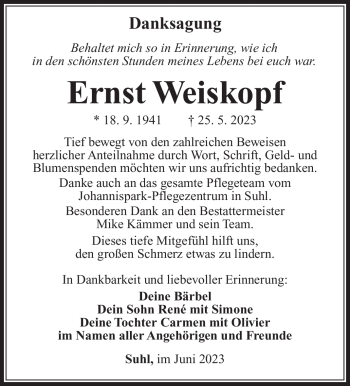 Traueranzeige von Ernst Weiskopf von Südthüringer Presse