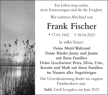 Traueranzeige von Frank Fischer von Südthüringer Presse