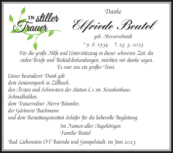 Traueranzeige von Elfriede Beutel von Südthüringer Presse