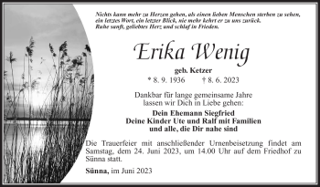 Traueranzeige von Erika Wenig von Südthüringer Presse