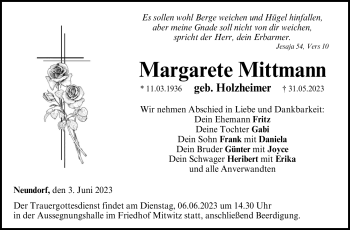 Traueranzeige von Margarete Mittmann von Neue Presse Coburg