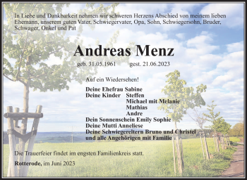 Traueranzeige von Andreas Menz von Südthüringer Presse