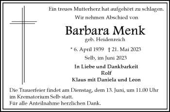 Traueranzeige von Barbara Menk von Frankenpost
