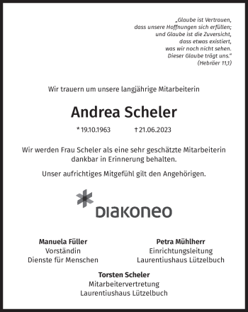 Traueranzeige von Andrea Scheler von Neue Presse Coburg
