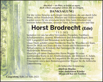 Traueranzeige von Horst Brodrecht von Südthüringer Presse