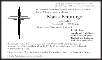 Traueranzeige von Maria Peintinger von Frankenpost