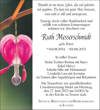 Traueranzeige von Ruth Messerschmidt von Südthüringer Presse
