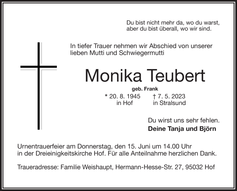  Traueranzeige für Monika Teubert vom 10.06.2023 aus Frankenpost