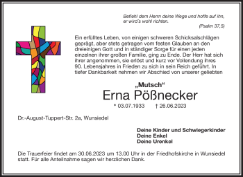 Traueranzeige von Erna Pößnecker von Frankenpost