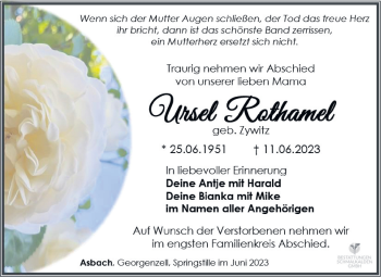 Traueranzeige von Ursel Rothamel von Südthüringer Presse