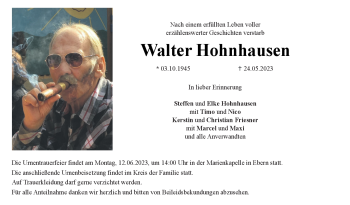 Traueranzeige von Walter Hohnhausen von Neue Presse Coburg