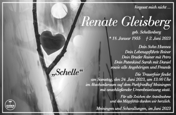 Traueranzeige von Renate Gleisberg von Südthüringer Presse