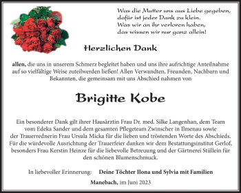 Traueranzeige von Brigitte Kobe von Südthüringer Presse