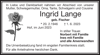 Traueranzeige von Ingrid Lange von Frankenpost