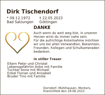 Traueranzeige von Dirk Tischendorf von Südthüringer Presse