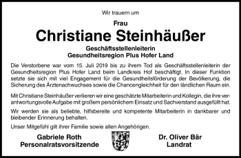 Traueranzeige von Christiane Steinhäußer von Frankenpost