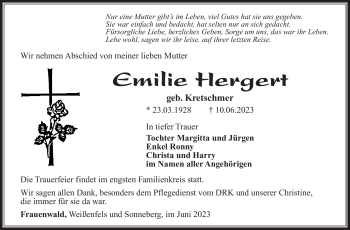 Traueranzeige von Emilie Hergert von Südthüringer Presse