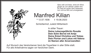 Traueranzeige von Manfred Kilian von Frankenpost