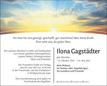 Traueranzeige von Ilona Gagstädter von Südthüringer Presse