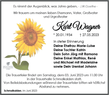 Traueranzeige von Kurt Wagner von Südthüringer Presse