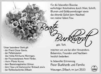 Traueranzeige von Beate Burkhardt von Südthüringer Presse