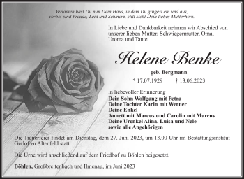 Traueranzeige von Helene Benke von Südthüringer Presse