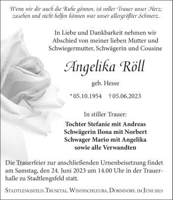 Traueranzeige von Angelika Röll von Südthüringer Presse