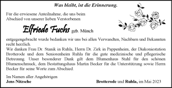 Traueranzeige von Elfriede Fuchs von Südthüringer Presse