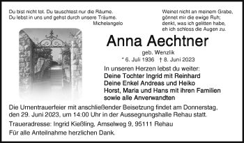 Traueranzeige von Anna Aechtner von Frankenpost