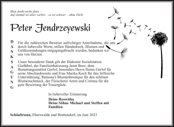 Traueranzeige von Peter Jendrzeyewski von Südthüringer Presse