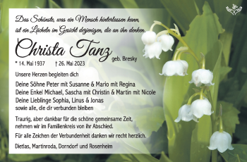 Traueranzeige von Christa Tanz von Südthüringer Presse