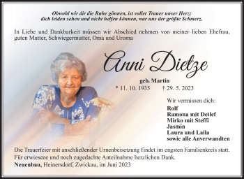 Traueranzeige von Anni Dietze von Südthüringer Presse