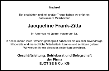 Traueranzeige von Jacqueline Frank-Zitta von Südthüringer Presse