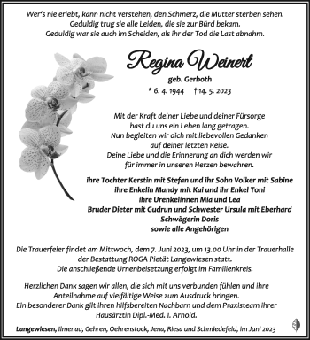 Traueranzeige von Regina Weinert von Südthüringer Presse