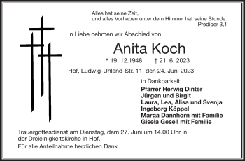 Traueranzeige von Anita Koch von Frankenpost