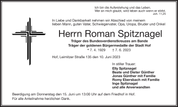 Traueranzeige von Roman Spitznagel von Frankenpost