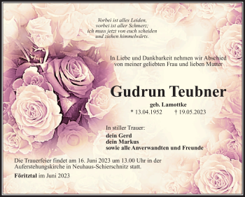 Traueranzeige von Gudrun Teubner von Südthüringer Presse