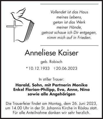 Traueranzeige von Anneliese Kaiser von Frankenpost