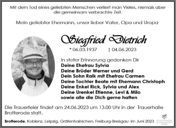 Traueranzeige von Siegfried Dietrich von Südthüringer Presse